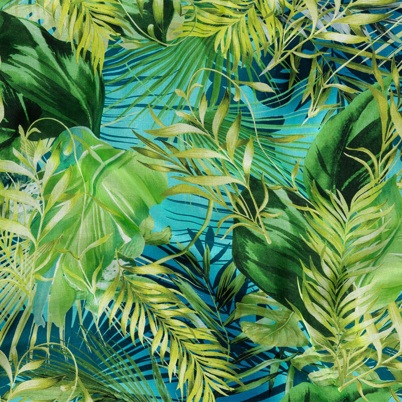 1 Yard Green and Blue Ferns and Foliage Digitally Printed Silk Chiffon 53 inch Width